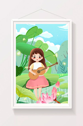 立夏夏天小女孩弹吉他河边绿色裙子荷花插画图片
