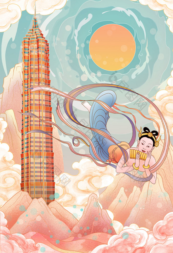 敦煌上海金茂大厦国风插画