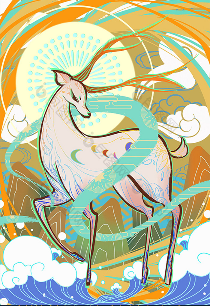 调中国风敦煌文化九色鹿插画图片