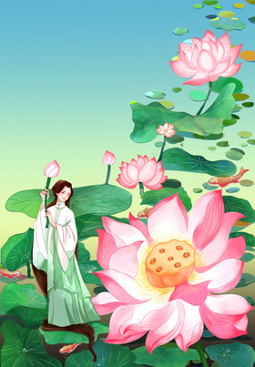 蓝绿色古典中国风优雅侍女赏荷图