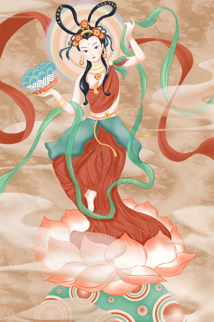 敦煌仙女飞天飘带莲花座插画