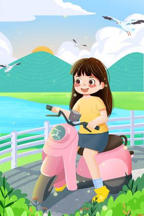 中国旅游日小女孩骑摩托海边看日出插画