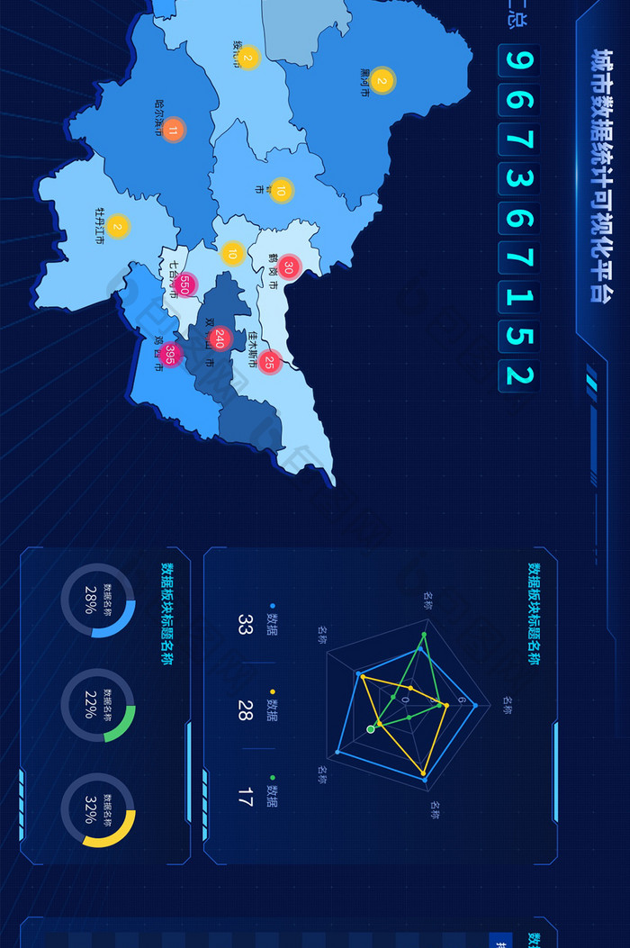 深蓝色中国地图城市可视化数据UI网页界面