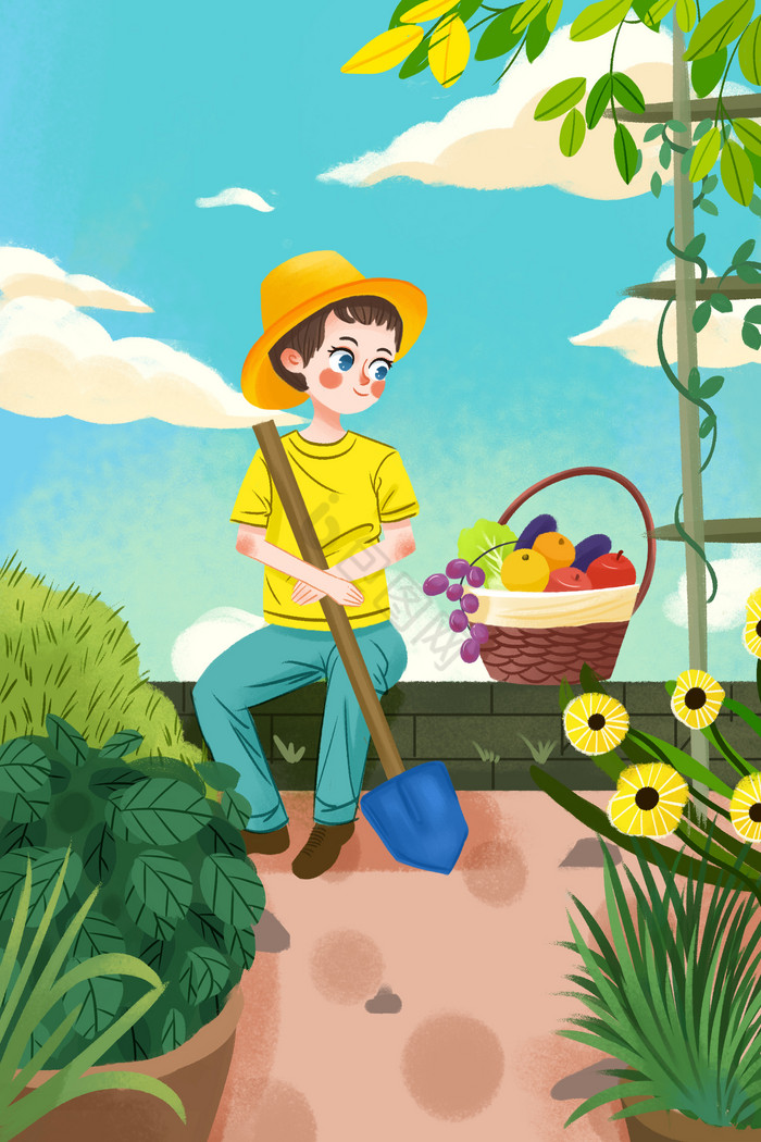 劳动节之小男孩菜园摘菜插画图片