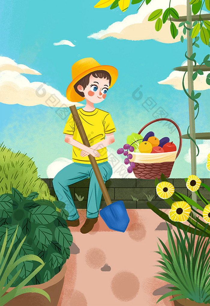 劳动节之小男孩菜园摘菜扁平风清新插画