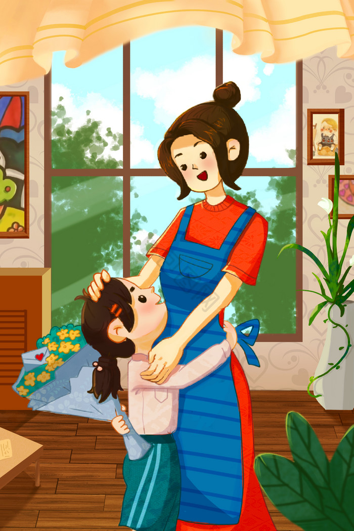 母亲节母女拥抱聪明温暖亲情窗户插画图片