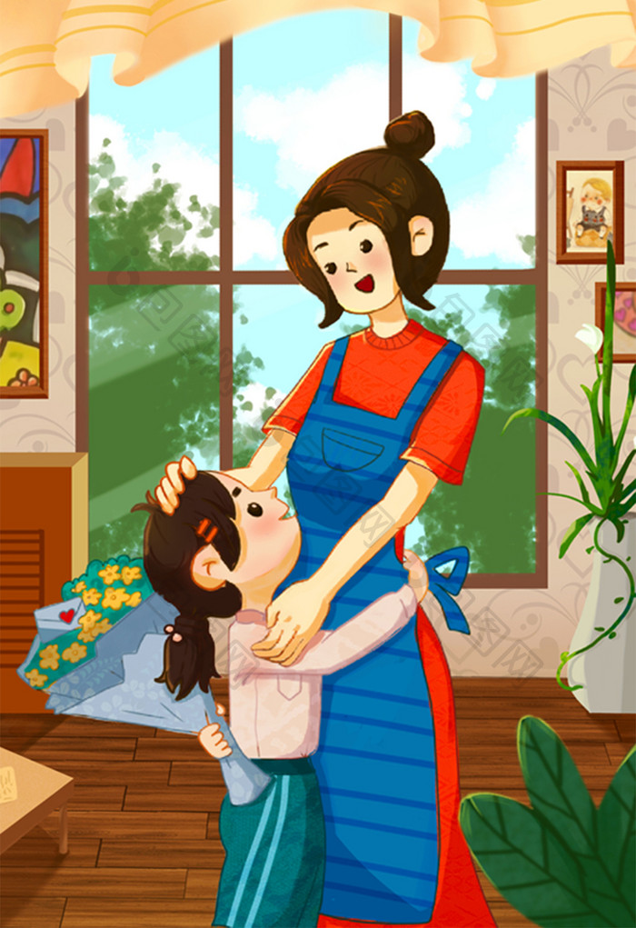 母亲节母女拥抱可爱聪明温暖亲情窗户插画