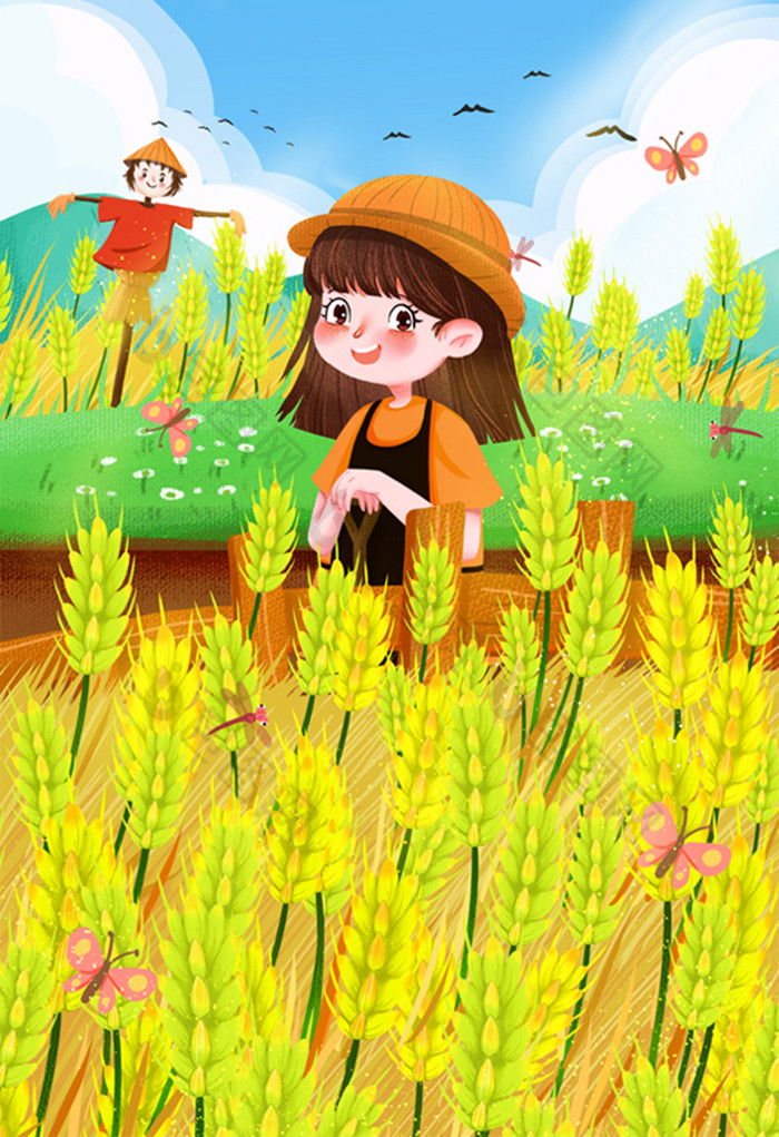 小满二十四节气小孩田间麦子金色稻草人插画图片