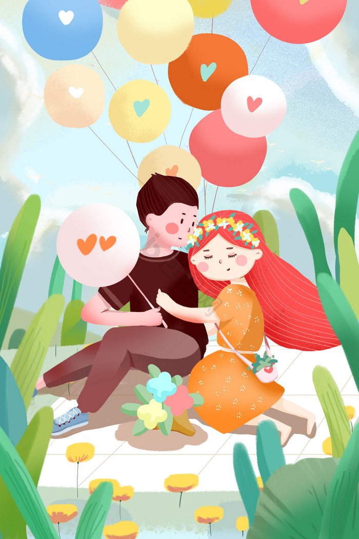 温馨情人节情侣放气球约会插画图片