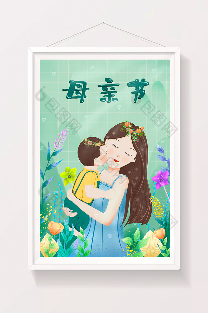 感恩母亲节年轻妈妈宝宝手绘唯美插画