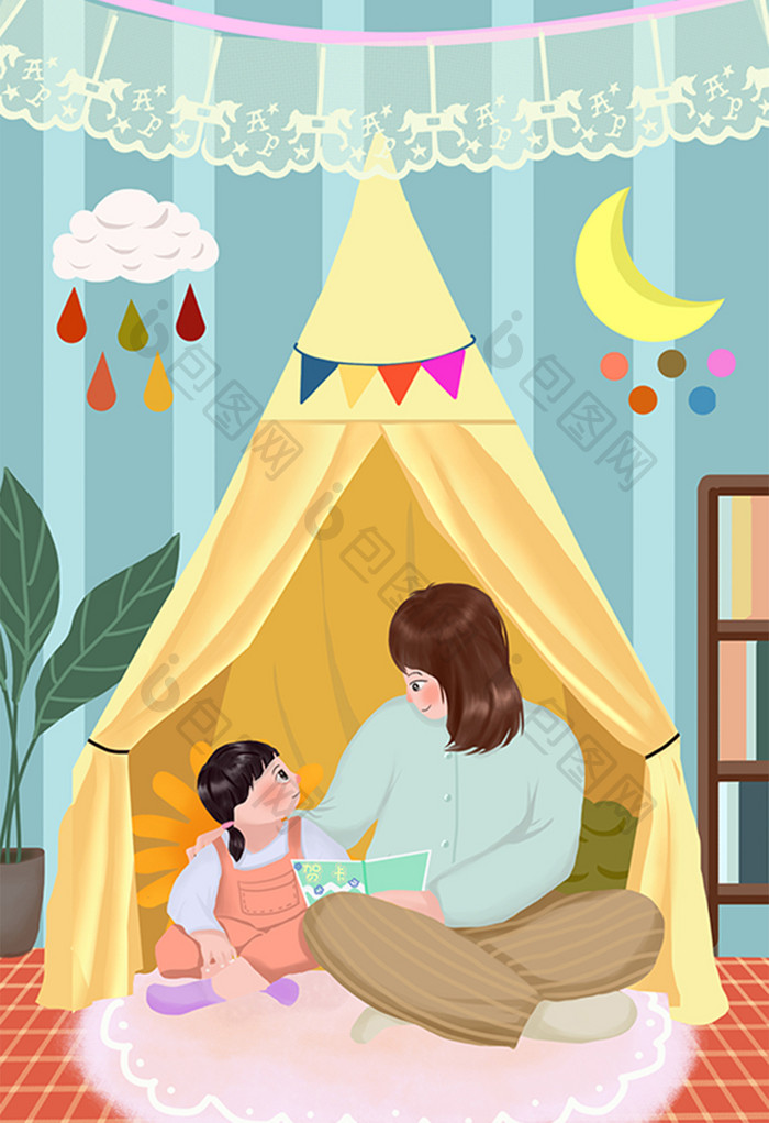 温馨母亲节母女帐篷相处卡通插画