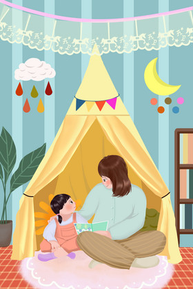 温馨母亲节母女帐篷相处插画图片