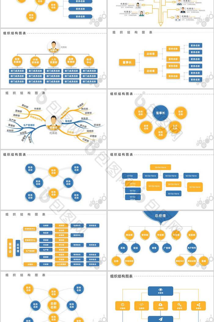 蓝黄组织架构PPT图表合集