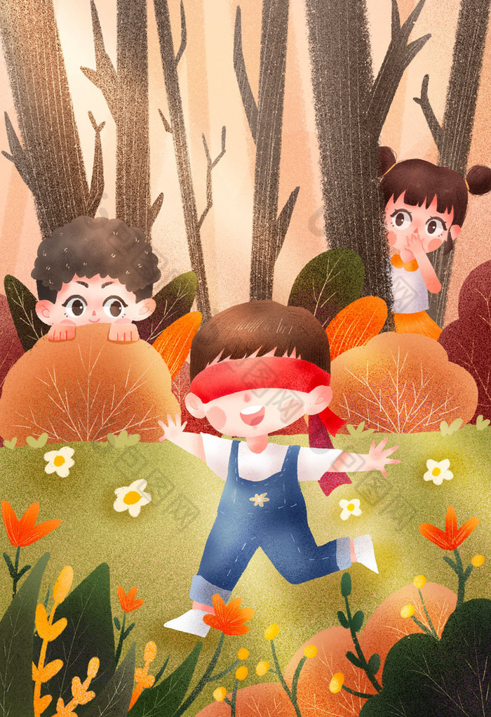 暖色六一儿童节森林捉迷藏插画图片