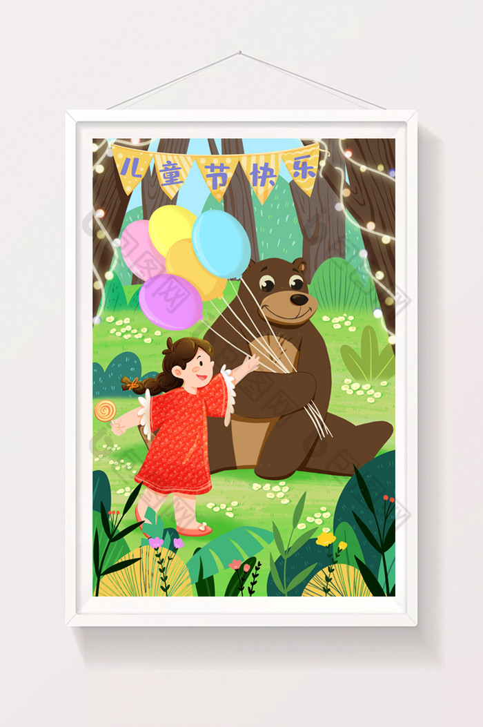 六一儿童节郊外棕熊气球女孩彩灯树林插画图片图片