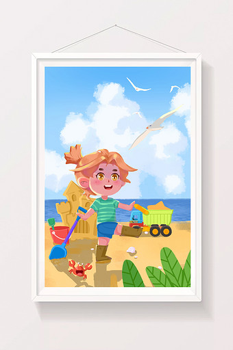 六一儿童节男孩沙滩游玩玩具可爱玩沙插画图片