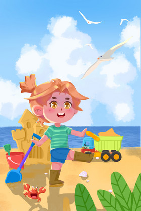 六一儿童节男孩沙滩游玩玩具玩沙插画图片