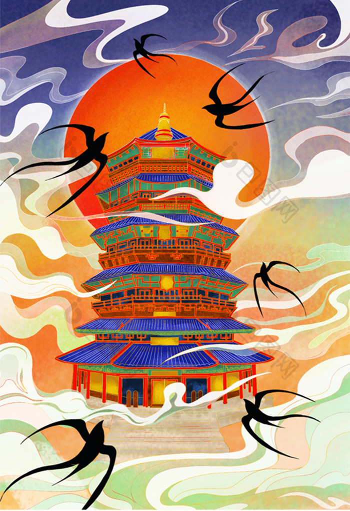 中国风建筑古塔传统祥云瑞燕插画