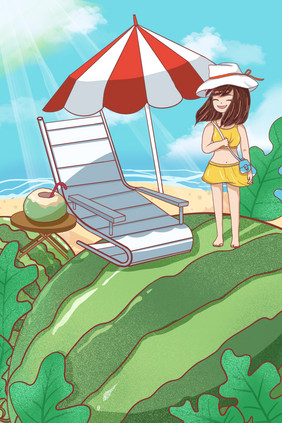 夏至夏天立夏大暑海滩西瓜插画