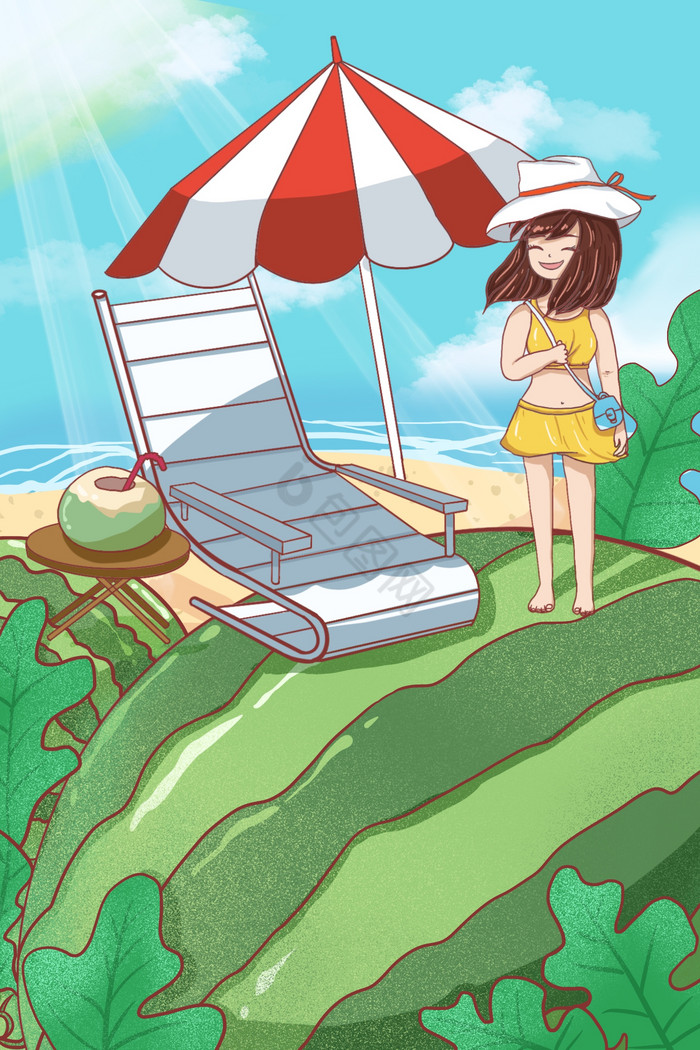 夏至夏天立夏大暑海滩西瓜插画图片