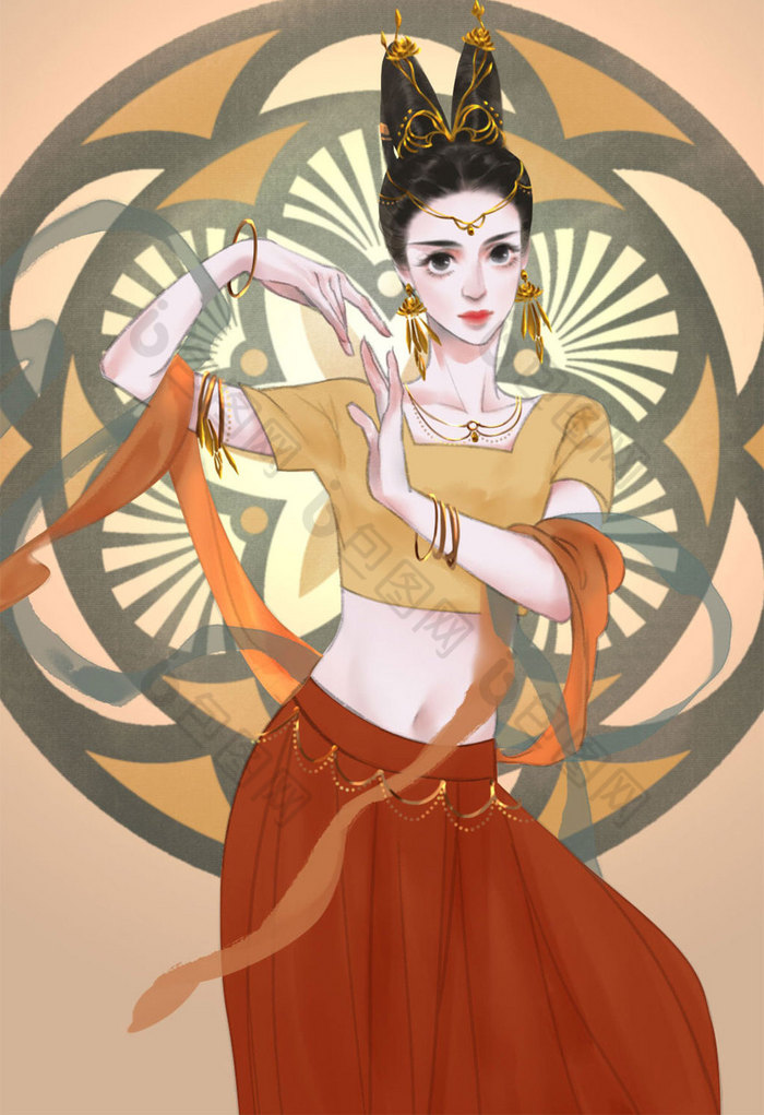 黄红中国风敦煌飞天美女舞蹈插画图片
