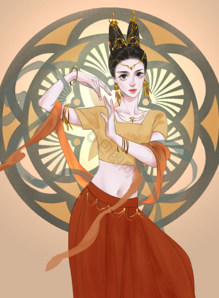 黄红敦煌飞天美女舞蹈插画
