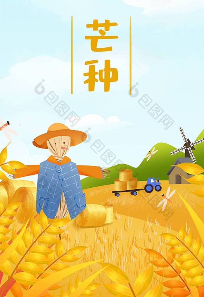 黄色清新芒种节气稻田插画
