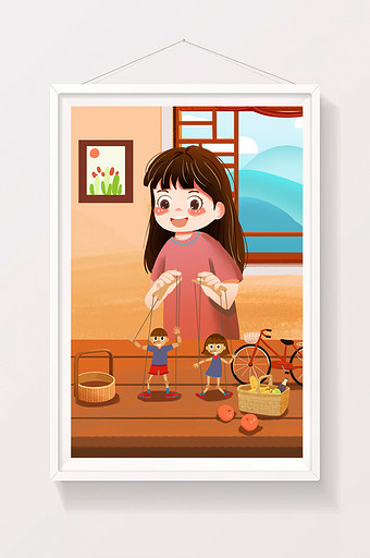 中国传统文化艺术木偶戏小女孩玩木偶插画图片