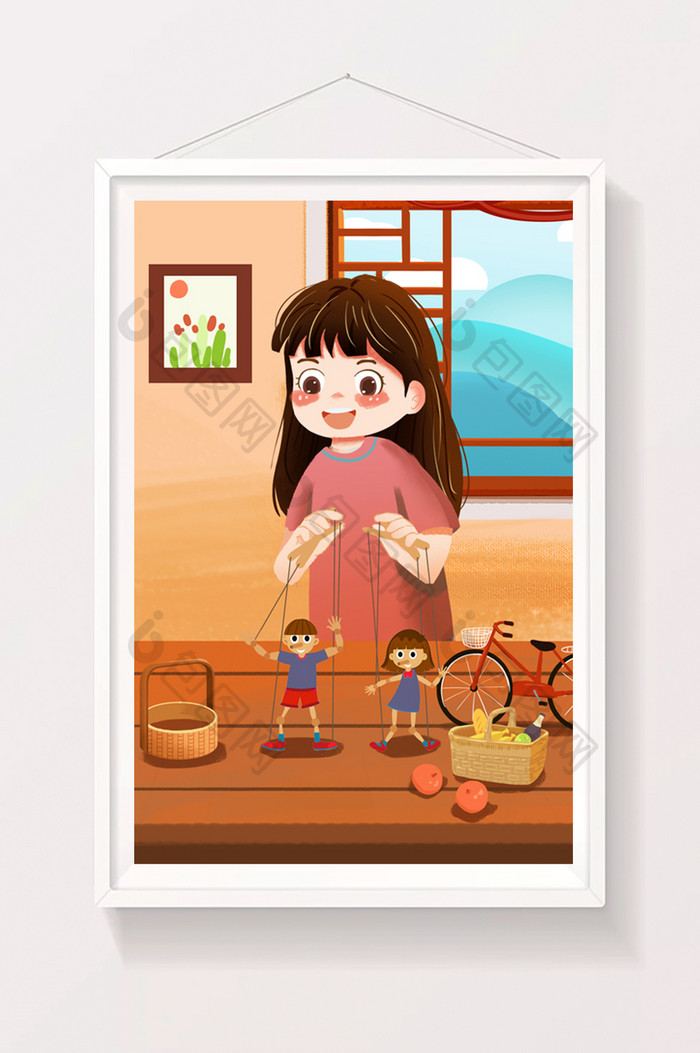 中国传统文化艺术木偶戏小女孩玩木偶插画