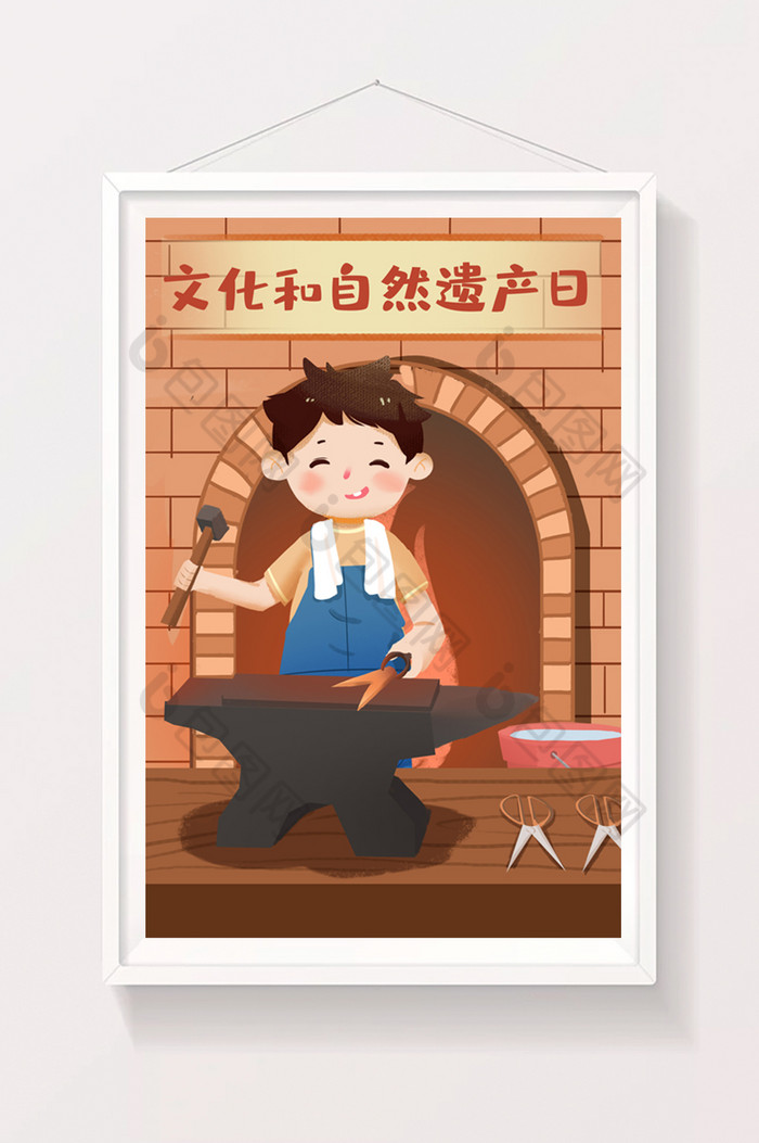 中国文化遗产女孩炼铁剪刀制作劳动插画图片图片