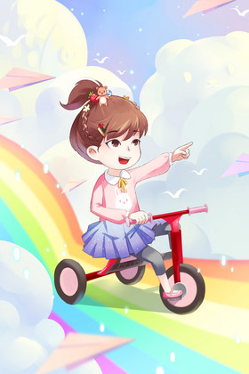 粉女孩自行车六一儿童节插画