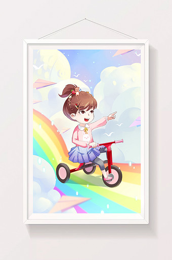 粉紫色手绘可爱女孩自行车六一儿童节插画图片
