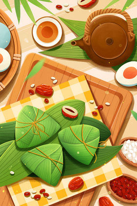 五月初五端午节吃粽子喝茶插画