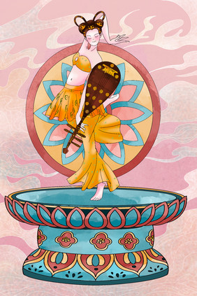 敦煌女子琵琶莲花座插画