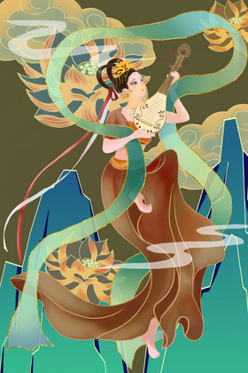 中国风古风敦煌美女仙女乐器琵琶插画图片