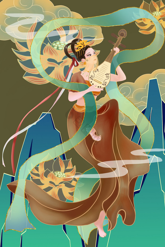 中国风古风敦煌美女仙女乐器琵琶插画图片