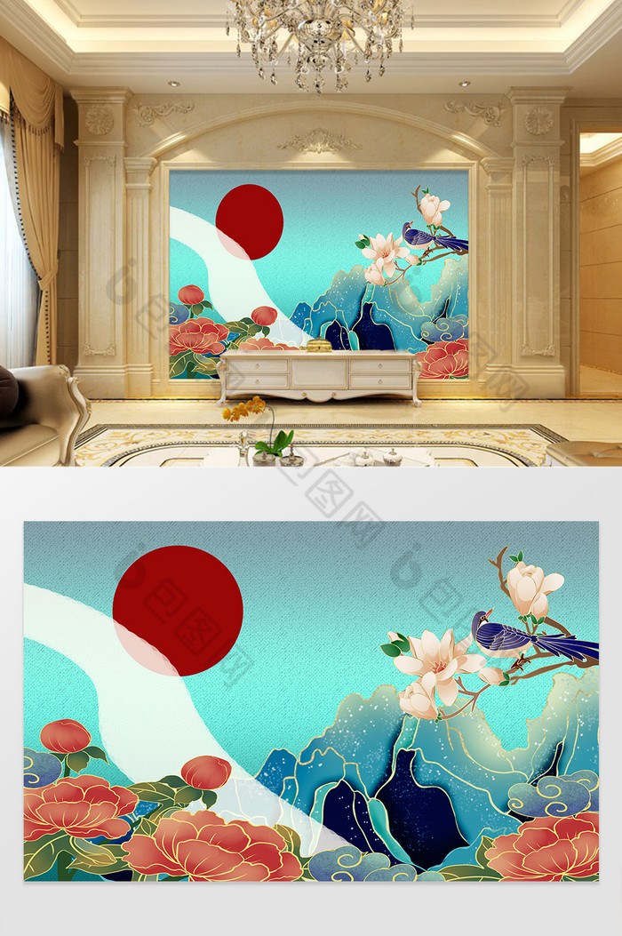 国潮牡丹中式山水背景墙图片图片