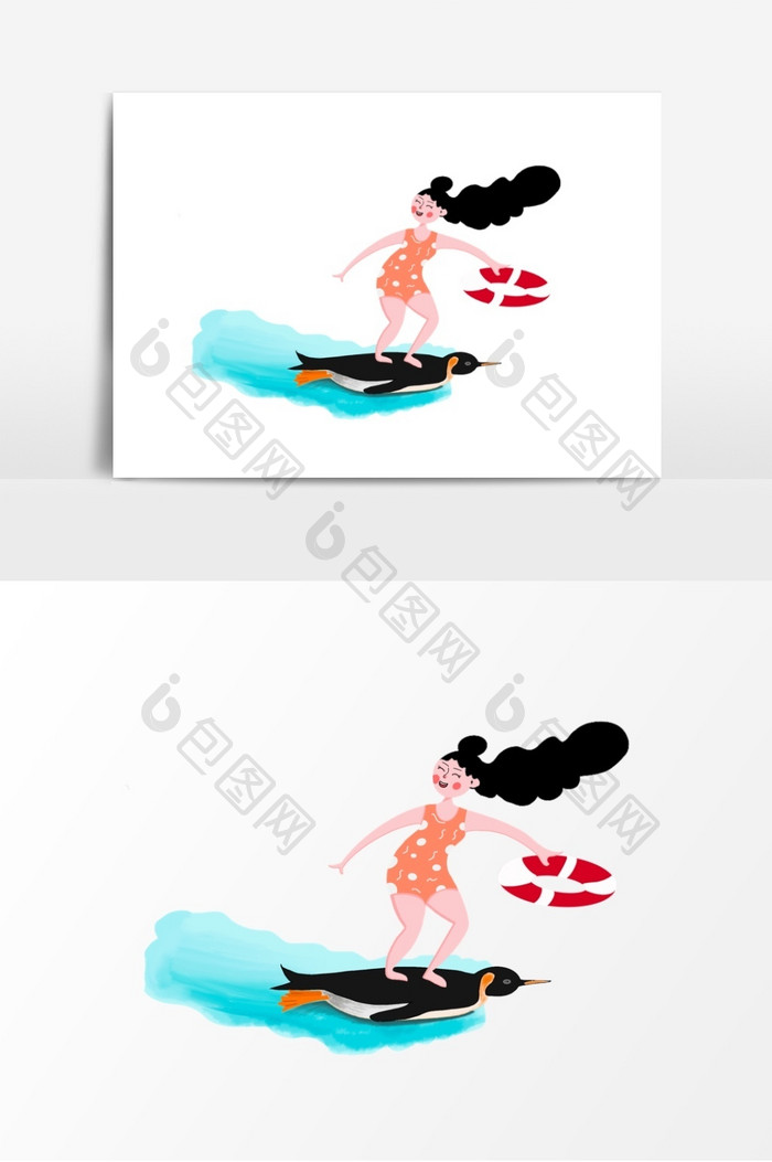 夏日女孩企鹅冲浪板卡通元素