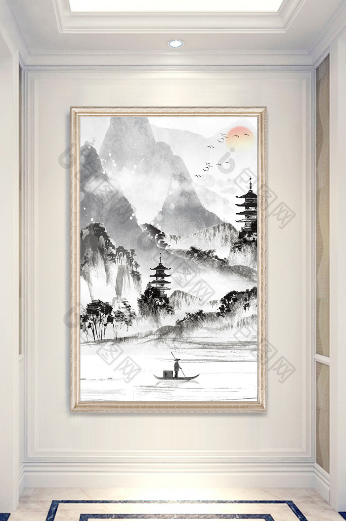 新中式水墨山水风景玄关装饰画