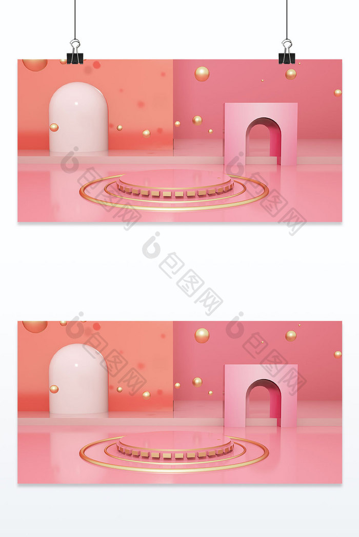 3D粉色立体质感金属电商装饰台背景墙背景