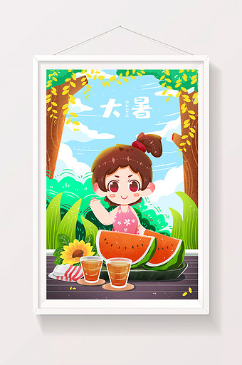 大暑节气蓝色夏天扁平女孩西瓜儿童插画图片