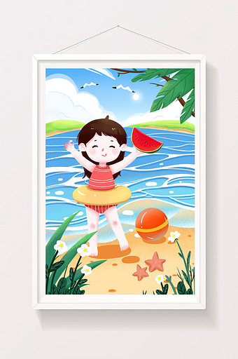 大暑节气女孩避暑海边吃西瓜海星绿色插画图片