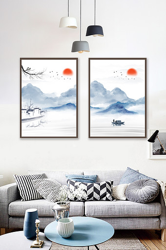 中国风山水白鹭小船人家装饰画图片