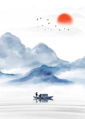 山水白鹭小船人家装饰画