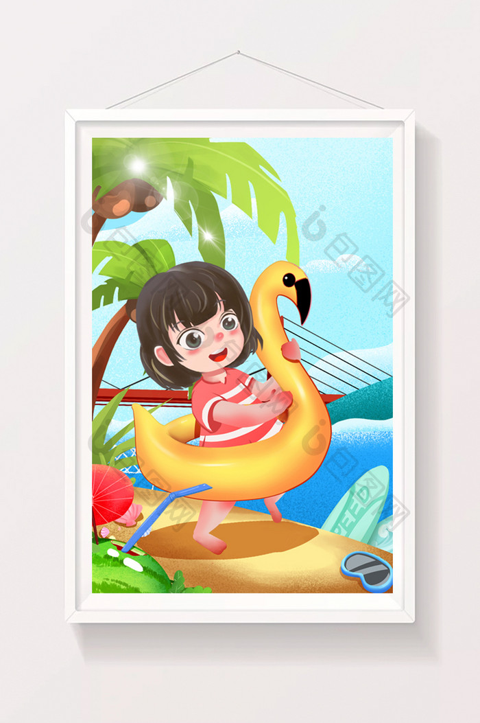 大暑夏天女孩乘凉游泳玩具冲浪红色插画