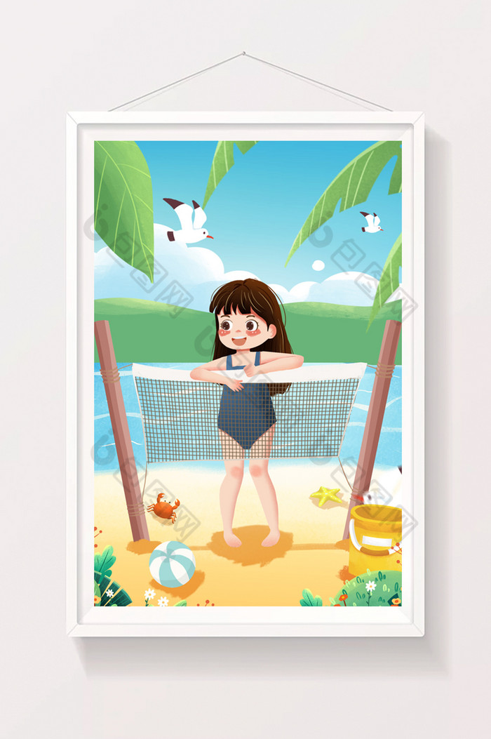 旅游户外沙滩女孩泳衣螃蟹玩具蓝天海鸥插画图片图片
