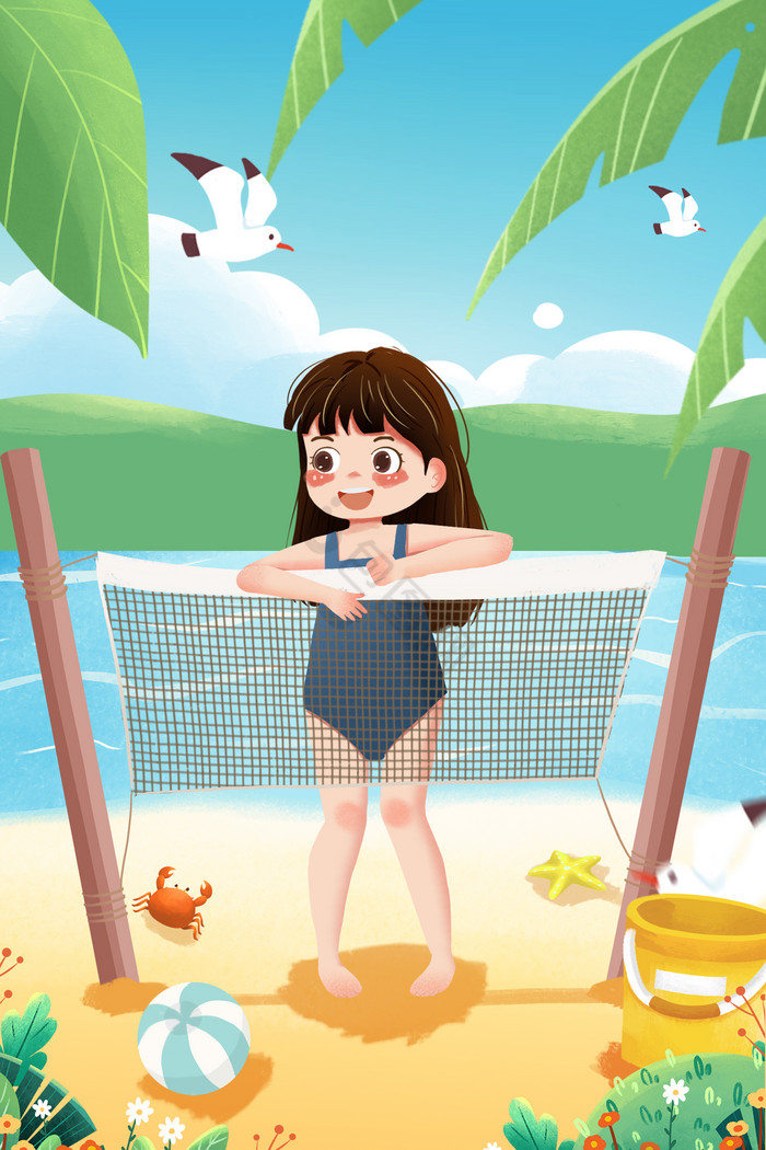 旅游户外沙滩女孩泳衣螃蟹玩具蓝天海鸥插画图片