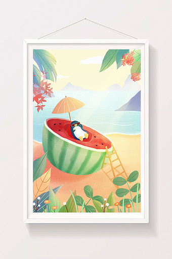 大暑24节气夏天海边沙滩企鹅西瓜避暑插画图片