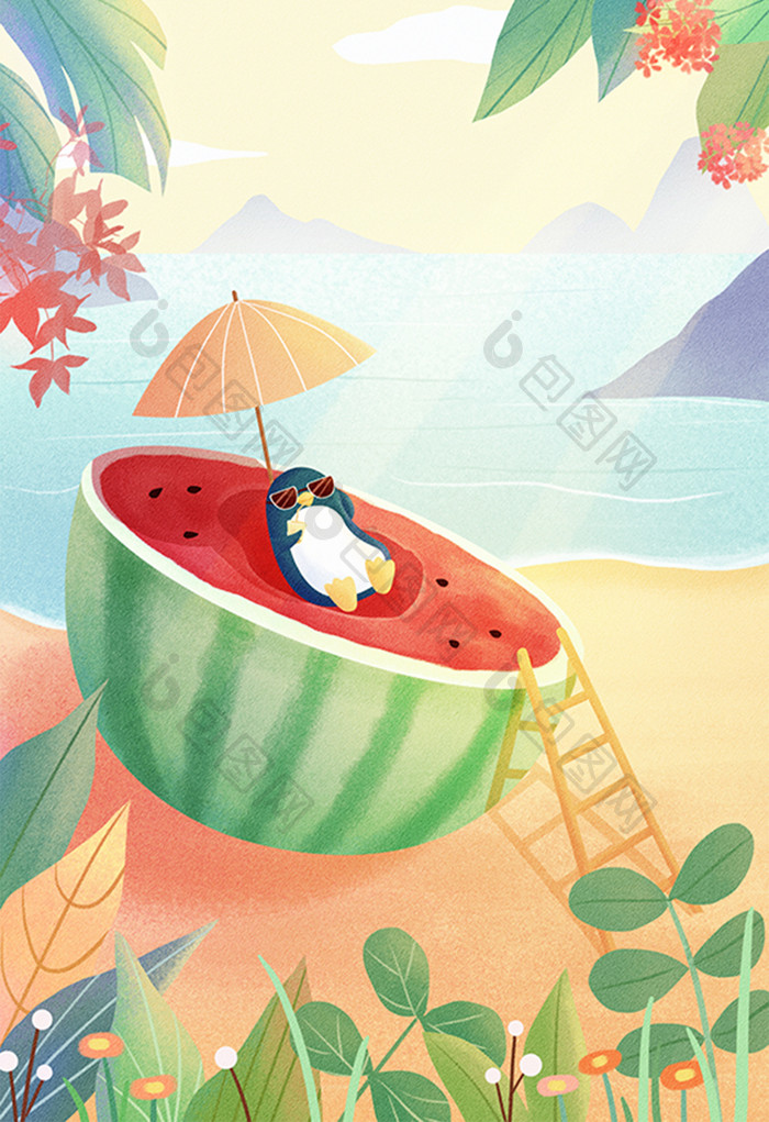 大暑24节气夏天海边沙滩企鹅西瓜避暑插画