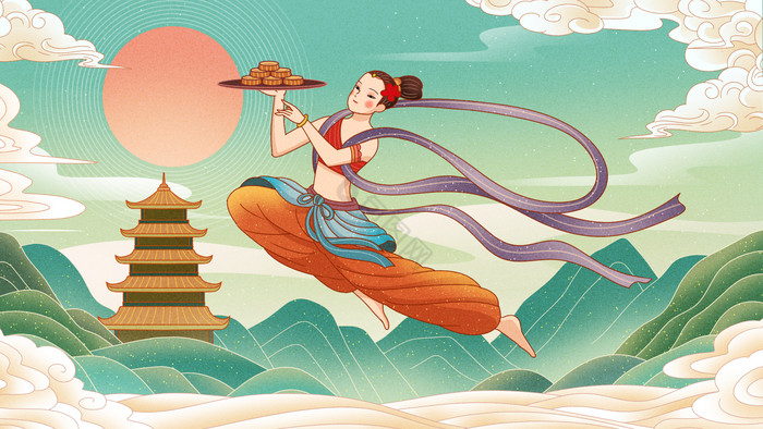 飞天吹箫仙女插画敦煌神话人物插画敦煌神话插画敦煌中国古风插画敦煌